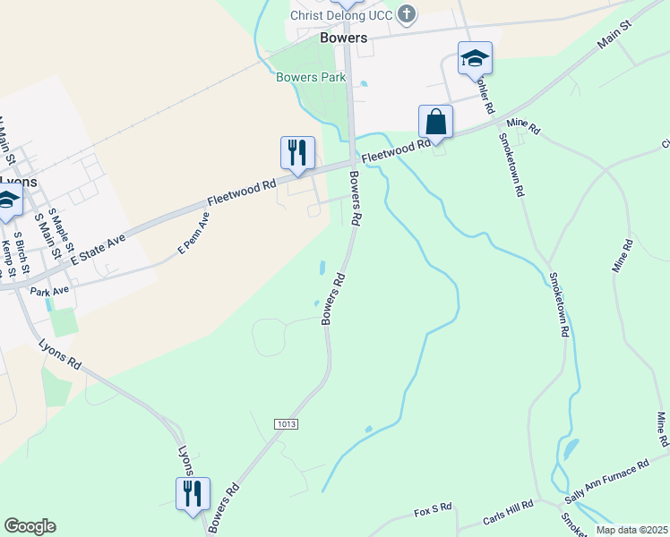 map of restaurants, bars, coffee shops, grocery stores, and more near 131 Bowers Road in Mertztown