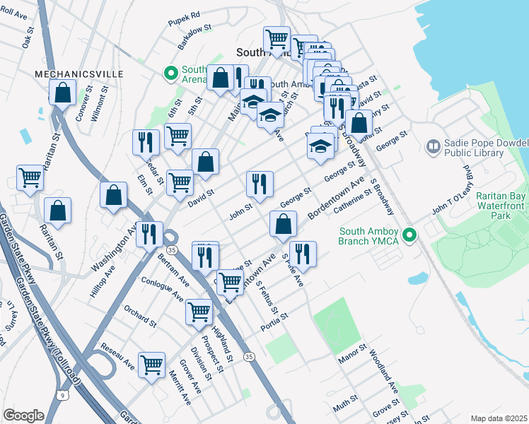 map of restaurants, bars, coffee shops, grocery stores, and more near 145 South Pine Avenue in South Amboy