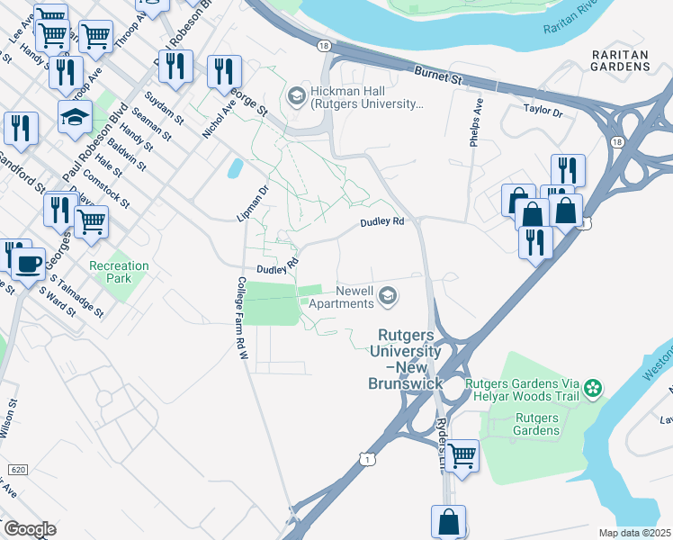 map of restaurants, bars, coffee shops, grocery stores, and more near 39 Biel Road in New Brunswick