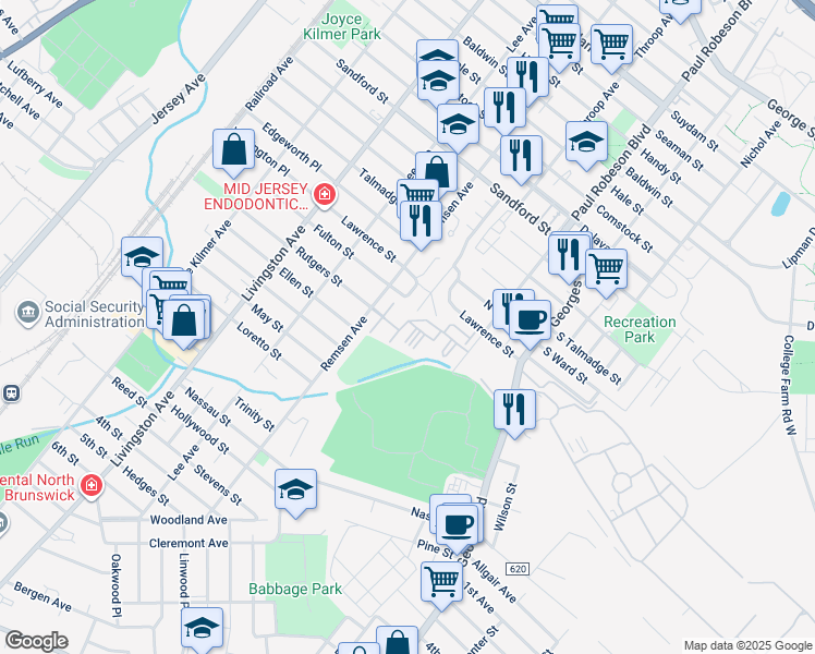 map of restaurants, bars, coffee shops, grocery stores, and more near 402 Birch Court in New Brunswick