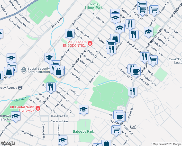 map of restaurants, bars, coffee shops, grocery stores, and more near 17 Juliet Street in New Brunswick