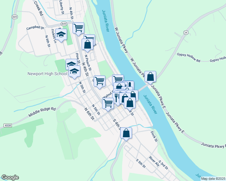 map of restaurants, bars, coffee shops, grocery stores, and more near 64 North 2nd Street in Newport