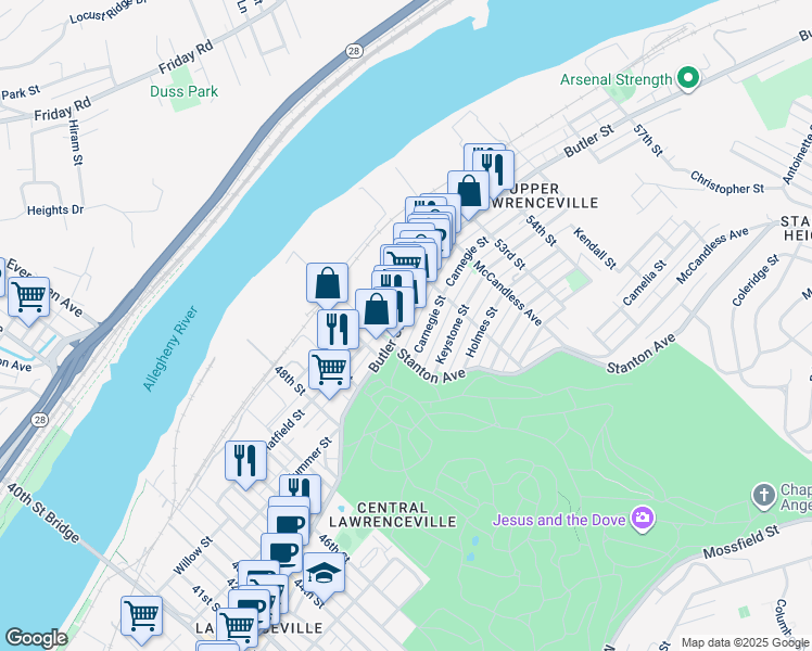 map of restaurants, bars, coffee shops, grocery stores, and more near 5145 Butler Street in Pittsburgh