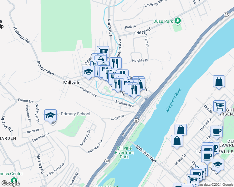 map of restaurants, bars, coffee shops, grocery stores, and more near 19 East Sherman Street in Pittsburgh