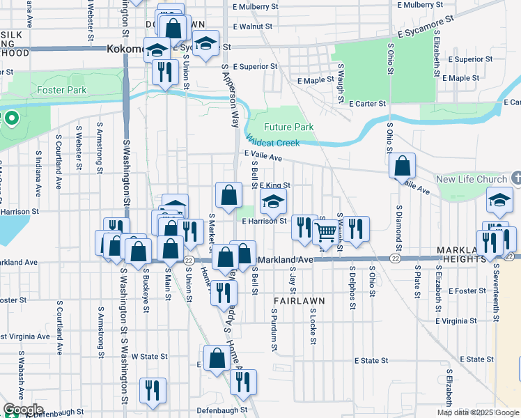 map of restaurants, bars, coffee shops, grocery stores, and more near 730 South Bell Street in Kokomo