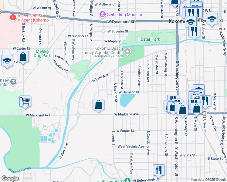 map of restaurants, bars, coffee shops, grocery stores, and more near 748 South Brandon Street in Kokomo