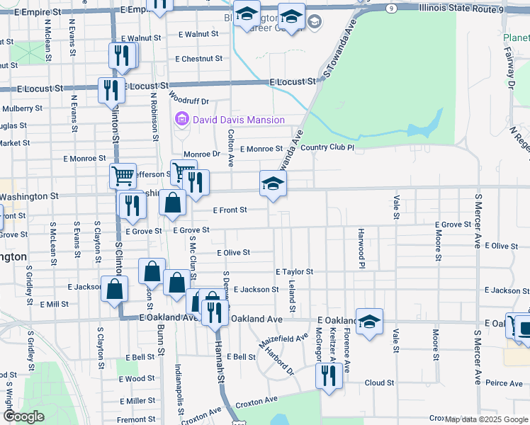 map of restaurants, bars, coffee shops, grocery stores, and more near 101 South State Street in Bloomington