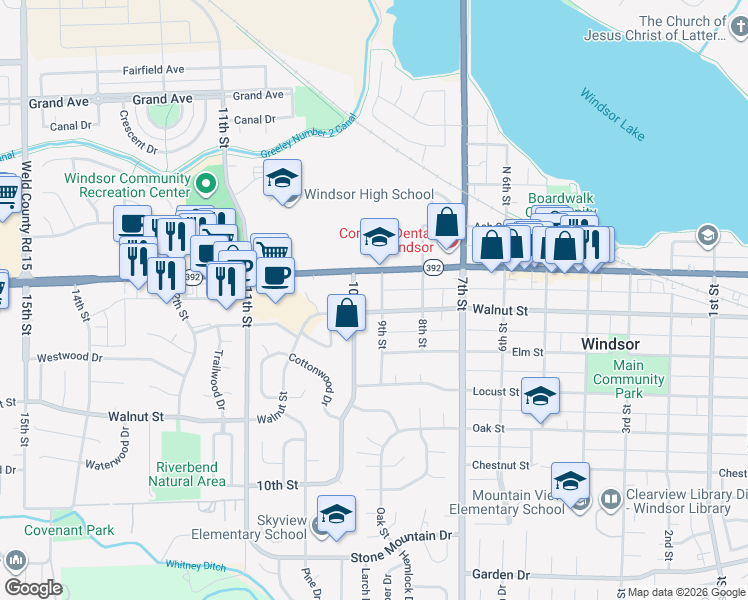 map of restaurants, bars, coffee shops, grocery stores, and more near 216 9th Street in Windsor