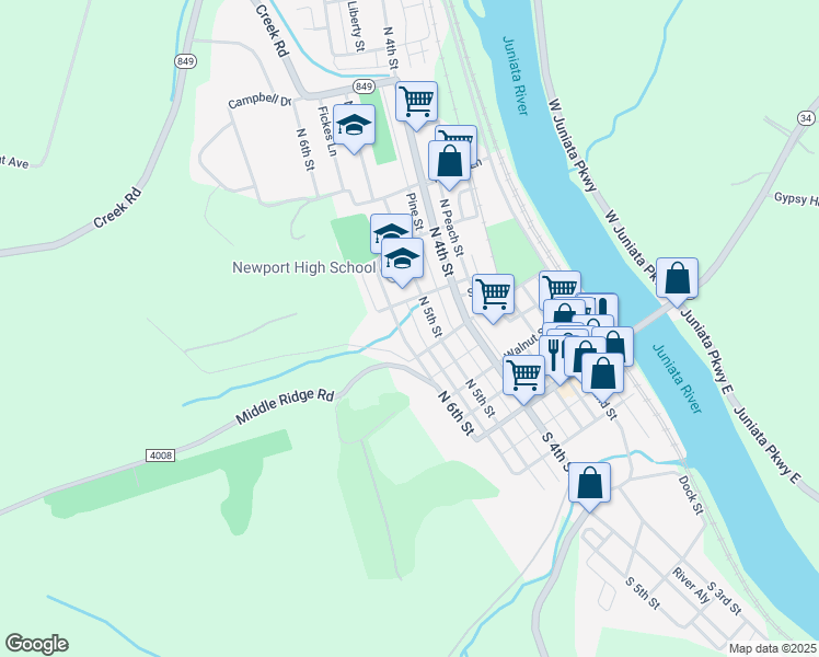 map of restaurants, bars, coffee shops, grocery stores, and more near 250 North 6th Street in Newport