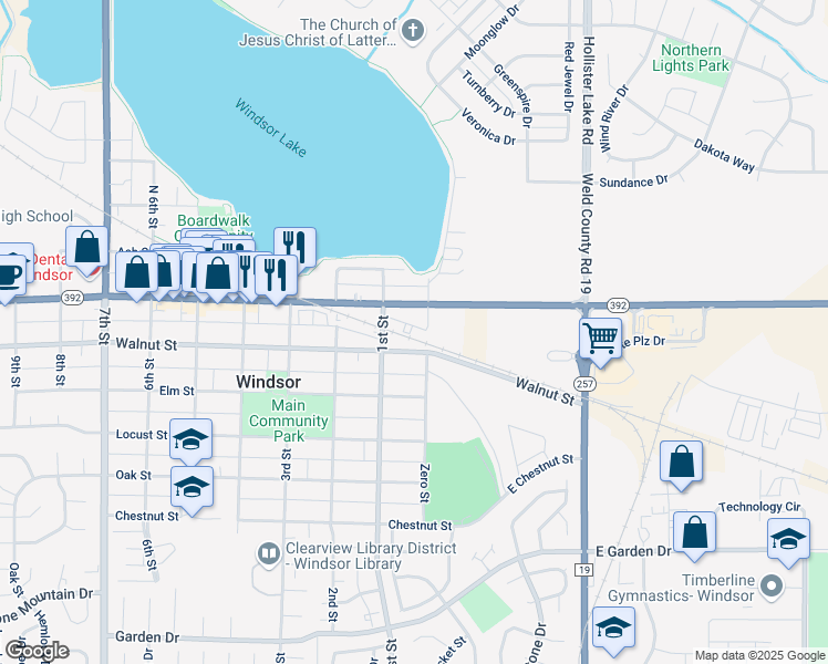 map of restaurants, bars, coffee shops, grocery stores, and more near 229 1st Street in Windsor
