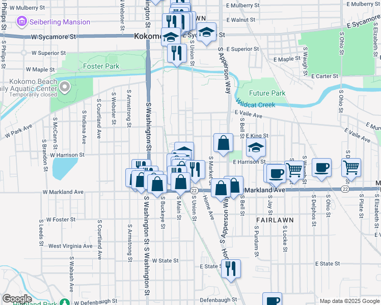 map of restaurants, bars, coffee shops, grocery stores, and more near 729 South Union Street in Kokomo