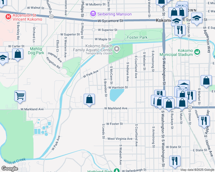 map of restaurants, bars, coffee shops, grocery stores, and more near 748 South Brandon Street in Kokomo