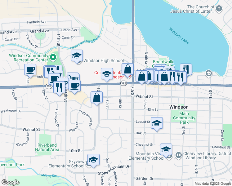 map of restaurants, bars, coffee shops, grocery stores, and more near 812 Walnut Street in Windsor