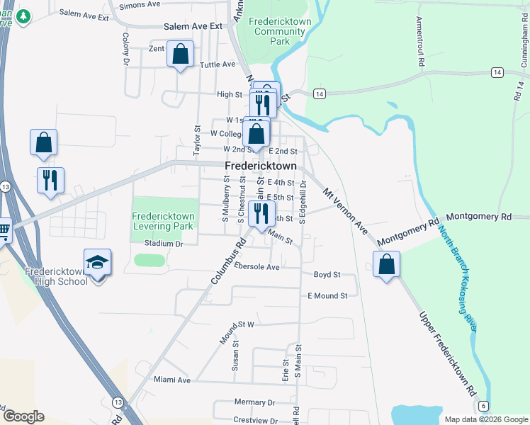 map of restaurants, bars, coffee shops, grocery stores, and more near 74 South Main Street in Fredericktown