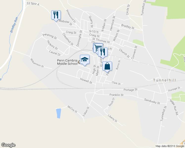 map of restaurants, bars, coffee shops, grocery stores, and more near 401 Jefferson Street in Gallitzin