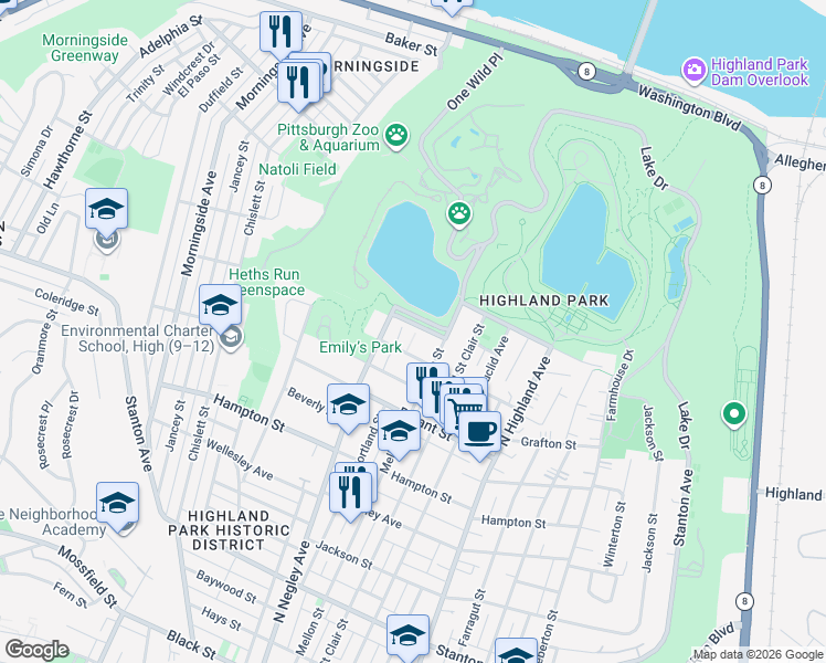 map of restaurants, bars, coffee shops, grocery stores, and more near 5 Highland Court in Pittsburgh