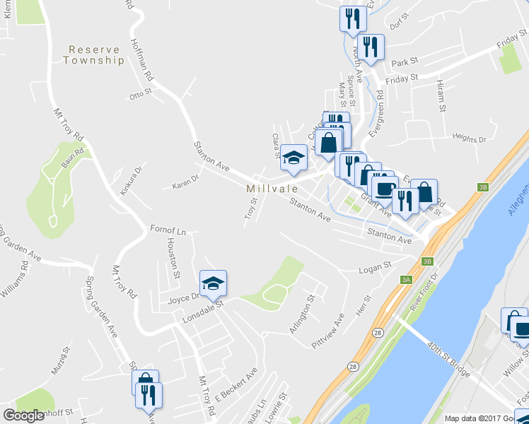 map of restaurants, bars, coffee shops, grocery stores, and more near 31 Spring Street in Millvale