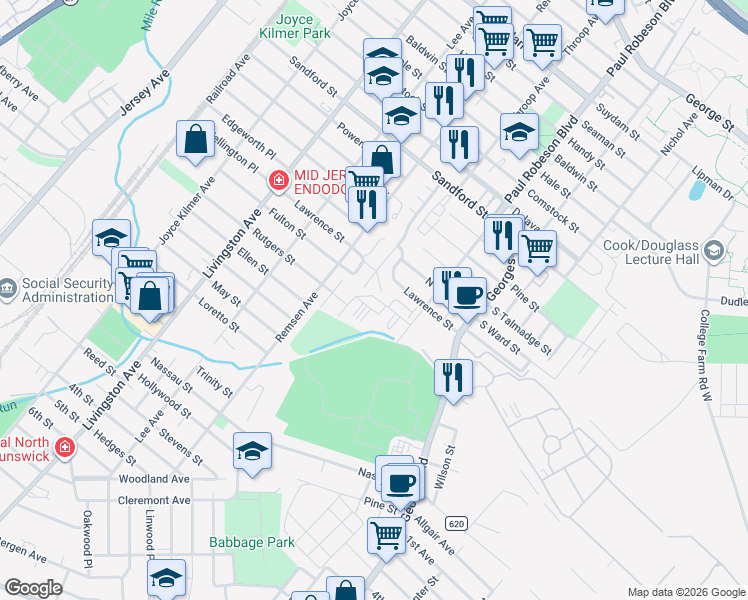 map of restaurants, bars, coffee shops, grocery stores, and more near 814 Cedar Court in New Brunswick