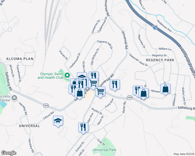 map of restaurants, bars, coffee shops, grocery stores, and more near 2931 Universal Road in Pittsburgh