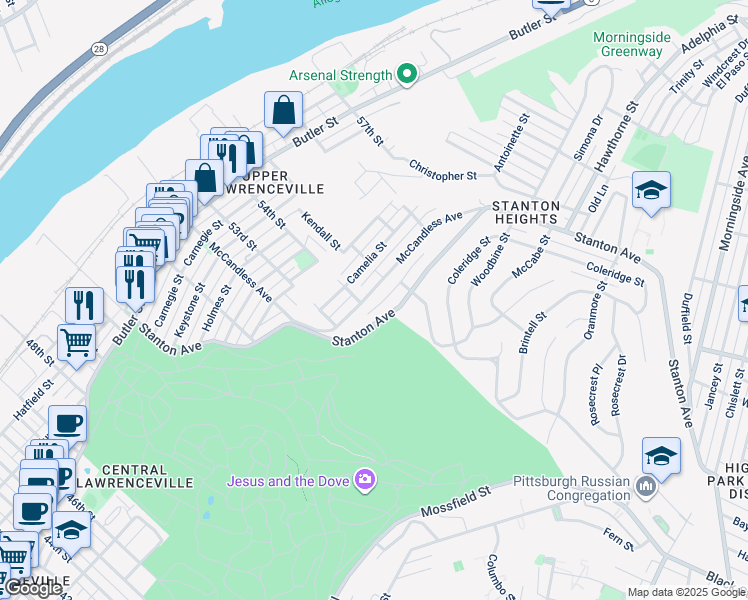 map of restaurants, bars, coffee shops, grocery stores, and more near 4241 Upview Terrace in Pittsburgh