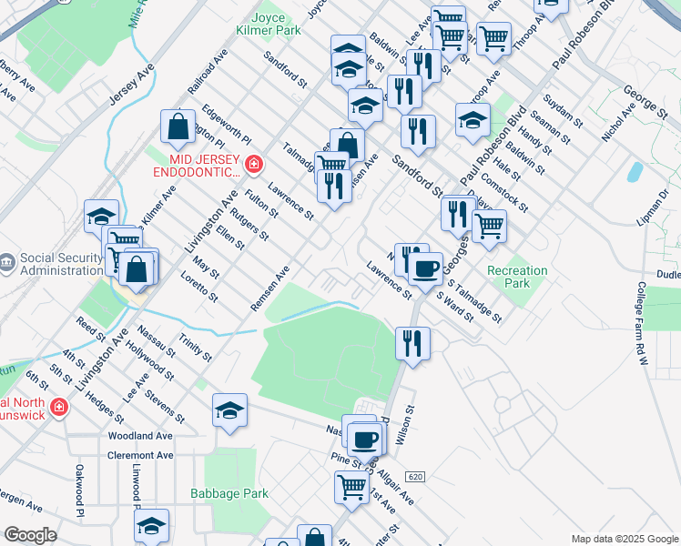 map of restaurants, bars, coffee shops, grocery stores, and more near 814 Cedar Court in New Brunswick