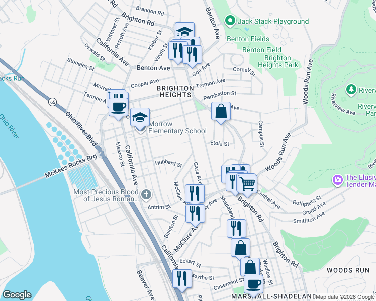 map of restaurants, bars, coffee shops, grocery stores, and more near 3507 McClure Avenue in Pittsburgh
