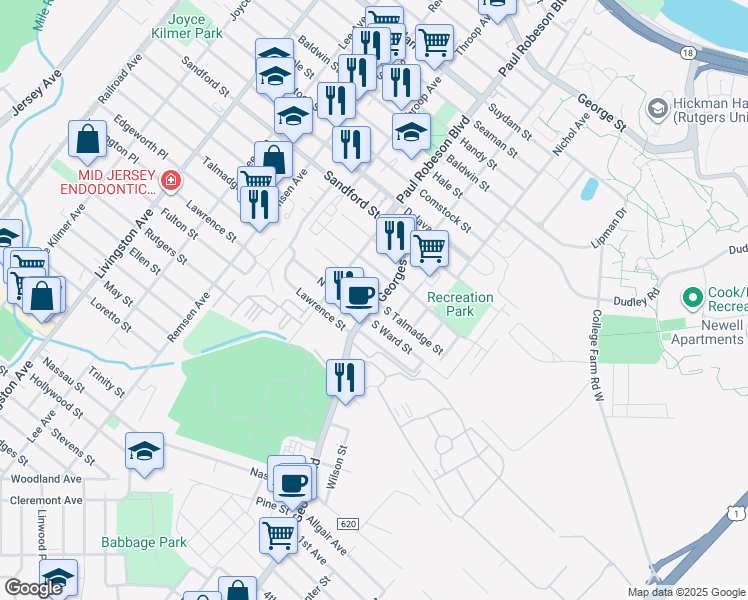 map of restaurants, bars, coffee shops, grocery stores, and more near 57 Georges Road in New Brunswick