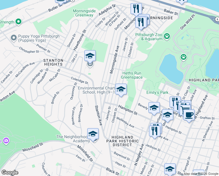 map of restaurants, bars, coffee shops, grocery stores, and more near 1156 Morningside Ave in Pittsburgh