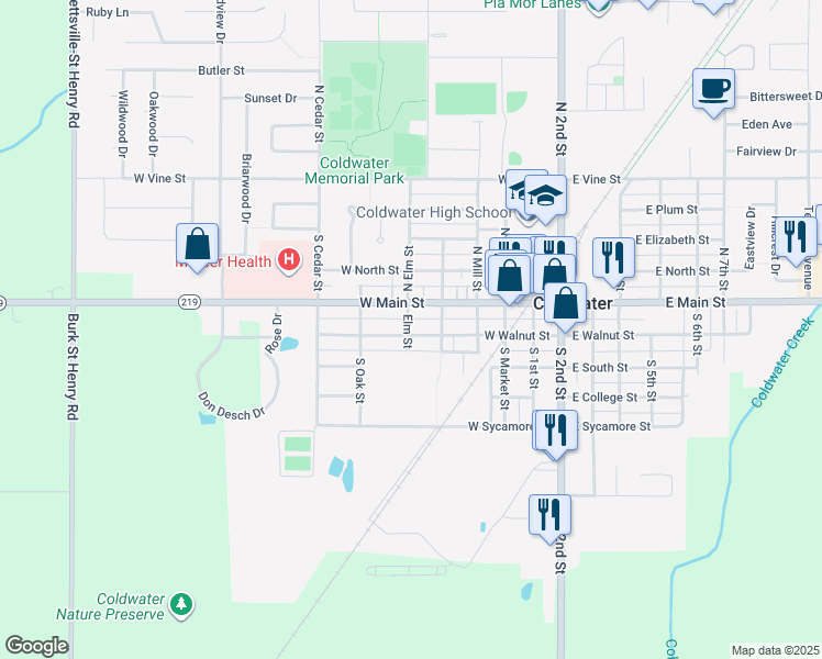 map of restaurants, bars, coffee shops, grocery stores, and more near 522 West Walnut Street in Coldwater