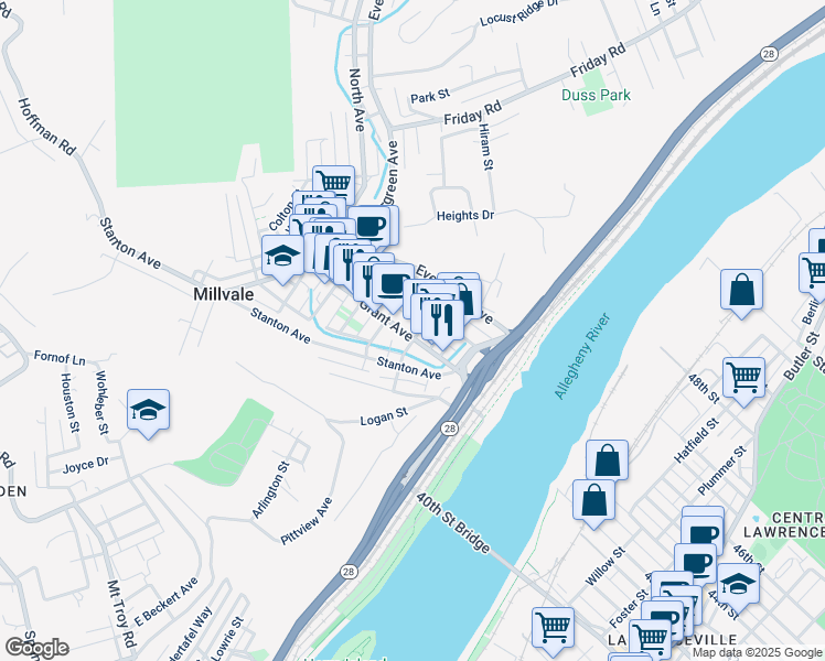 map of restaurants, bars, coffee shops, grocery stores, and more near 111 Sheridan Street in Pittsburgh