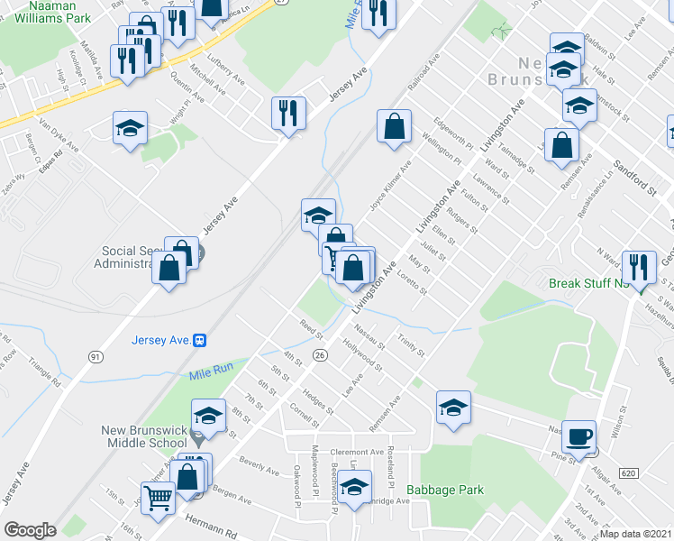 map of restaurants, bars, coffee shops, grocery stores, and more near 25 Elizabeth Street in New Brunswick