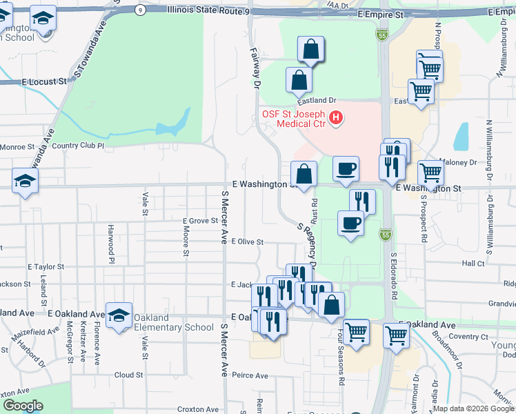 map of restaurants, bars, coffee shops, grocery stores, and more near 107 Ruth Road in Bloomington