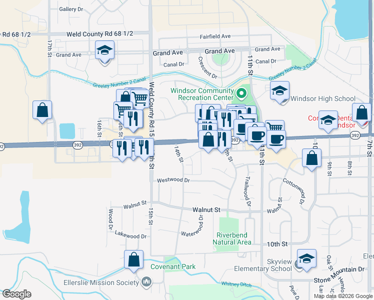 map of restaurants, bars, coffee shops, grocery stores, and more near 1375 Main Street in Windsor