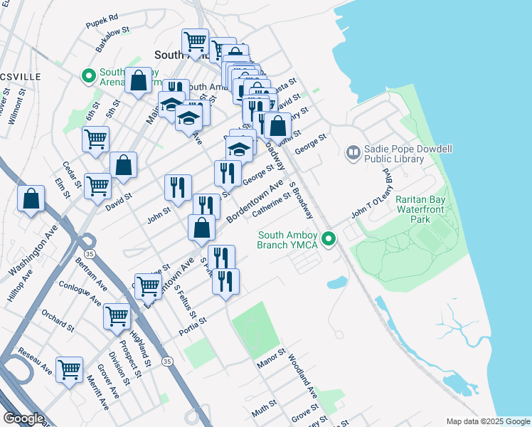 map of restaurants, bars, coffee shops, grocery stores, and more near 255 Catherine Street in South Amboy