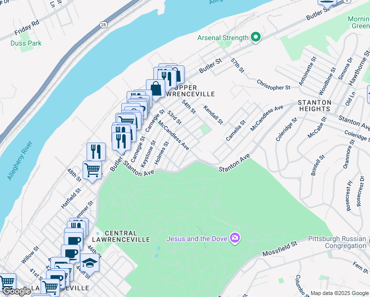 map of restaurants, bars, coffee shops, grocery stores, and more near 810 McCandless Avenue in Pittsburgh
