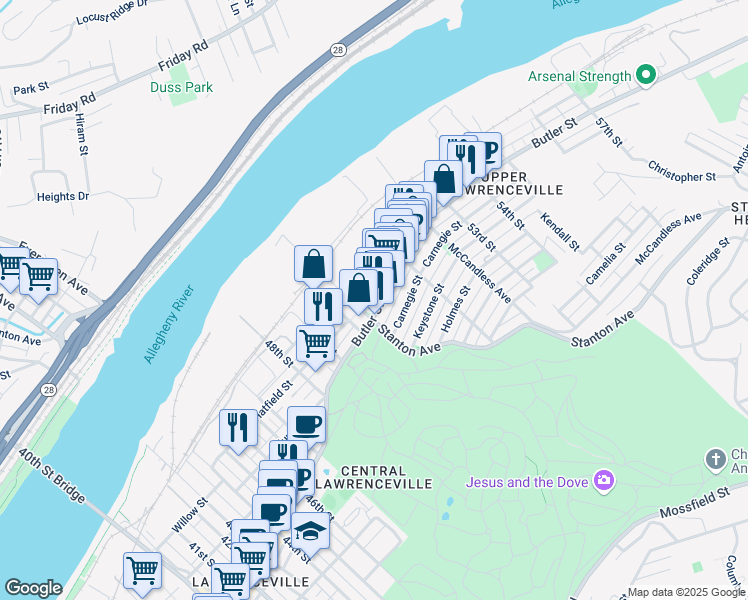 map of restaurants, bars, coffee shops, grocery stores, and more near 5101 Berlin Way in Pittsburgh