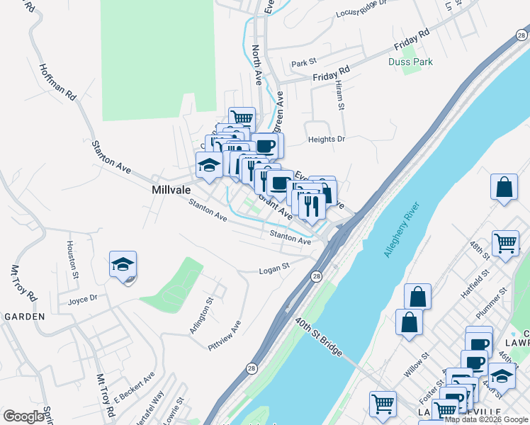 map of restaurants, bars, coffee shops, grocery stores, and more near 19 East Sherman Street in Pittsburgh