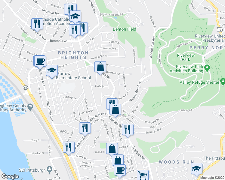 map of restaurants, bars, coffee shops, grocery stores, and more near 3441 Brighton Road in Pittsburgh