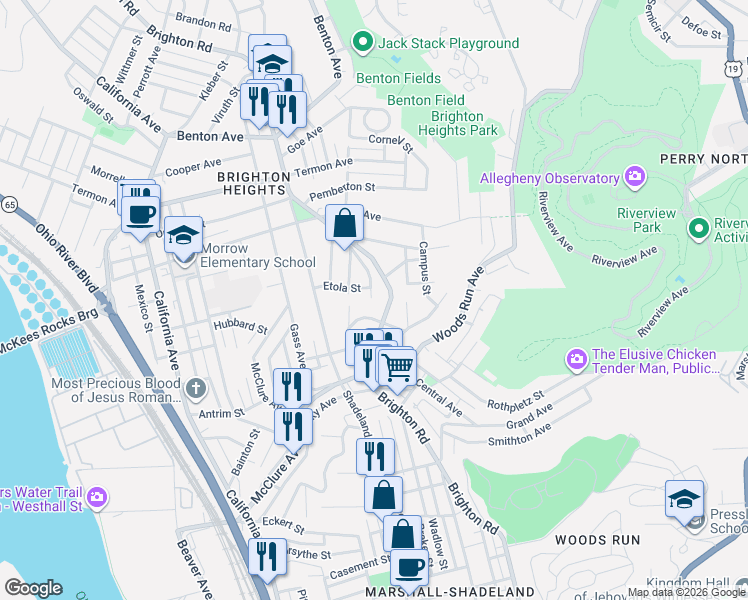 map of restaurants, bars, coffee shops, grocery stores, and more near 3441 Brighton Road in Pittsburgh