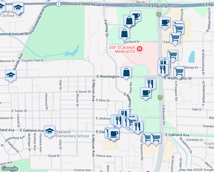 map of restaurants, bars, coffee shops, grocery stores, and more near 107 Ruth Road in Bloomington