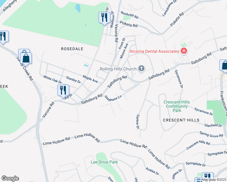 map of restaurants, bars, coffee shops, grocery stores, and more near 121 Stephens Lane in Verona