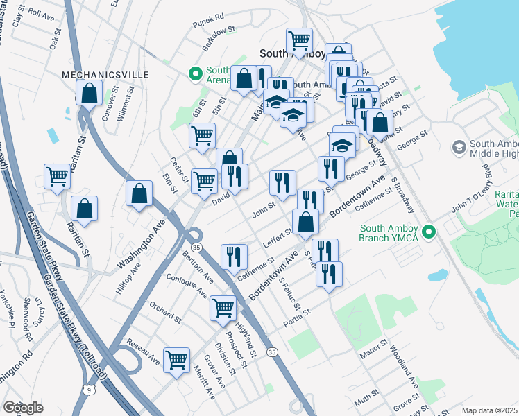 map of restaurants, bars, coffee shops, grocery stores, and more near 422 John Street in South Amboy