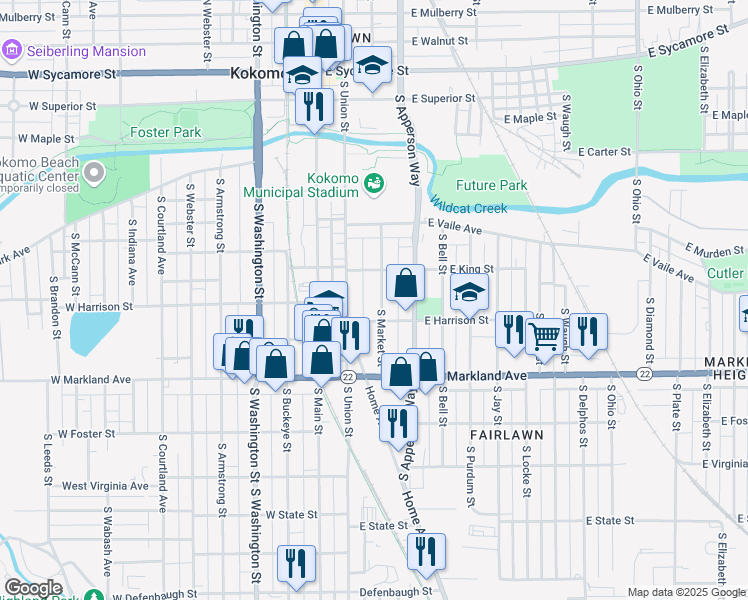 map of restaurants, bars, coffee shops, grocery stores, and more near 731 South Market Street in Kokomo