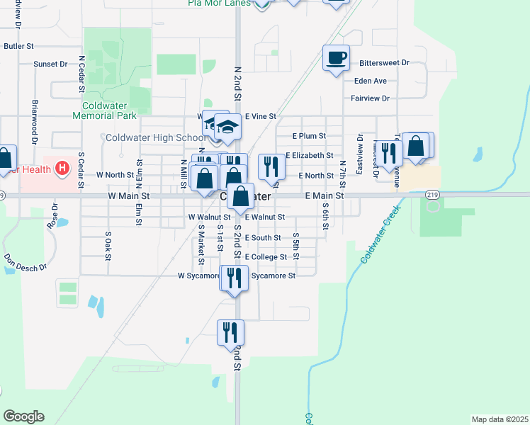 map of restaurants, bars, coffee shops, grocery stores, and more near 204 East Walnut Street in Coldwater