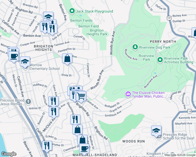 map of restaurants, bars, coffee shops, grocery stores, and more near 1014 Woods Run Avenue in Pittsburgh