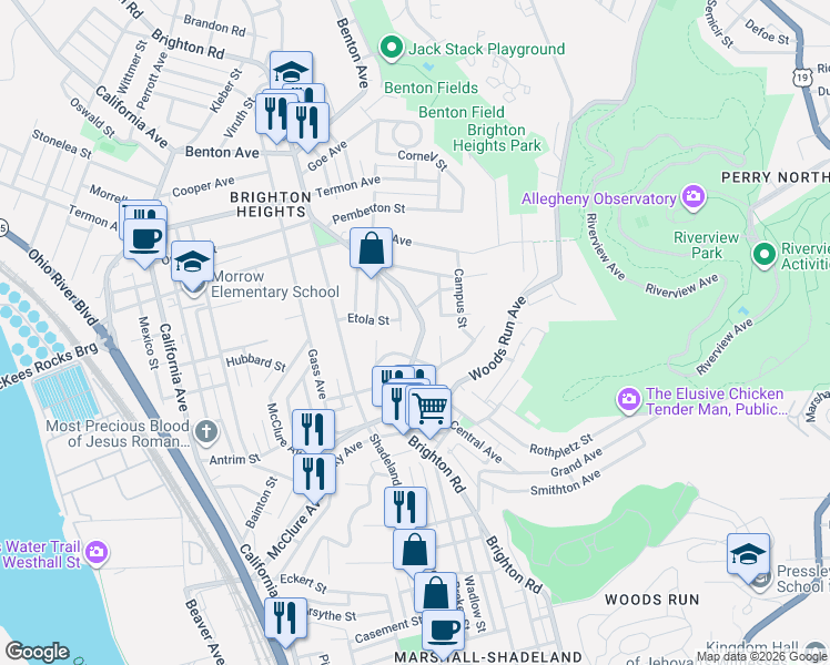 map of restaurants, bars, coffee shops, grocery stores, and more near 3441 Brighton Road in Pittsburgh