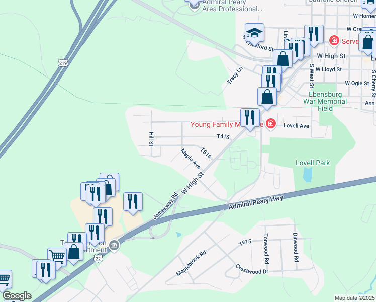 map of restaurants, bars, coffee shops, grocery stores, and more near 201-399 Pennview Street in Ebensburg