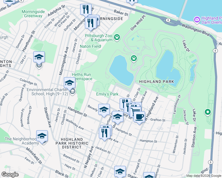 map of restaurants, bars, coffee shops, grocery stores, and more near 1403 North Negley Avenue in Pittsburgh