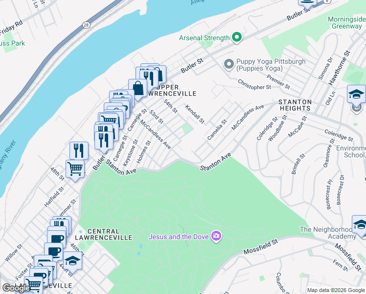 map of restaurants, bars, coffee shops, grocery stores, and more near 810 53rd St in Pittsburgh