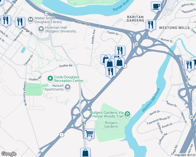 map of restaurants, bars, coffee shops, grocery stores, and more near 57 U.S. 1 in New Brunswick